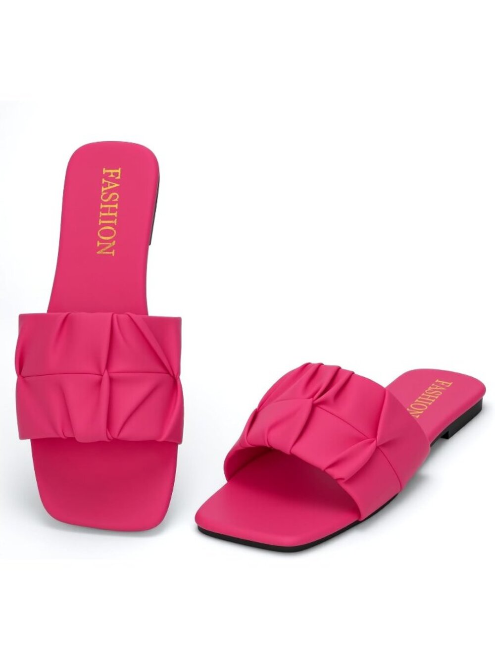 Women's Rose Red Pleated Square Toe Slide Sandals Summer Wedding Flats Shoes